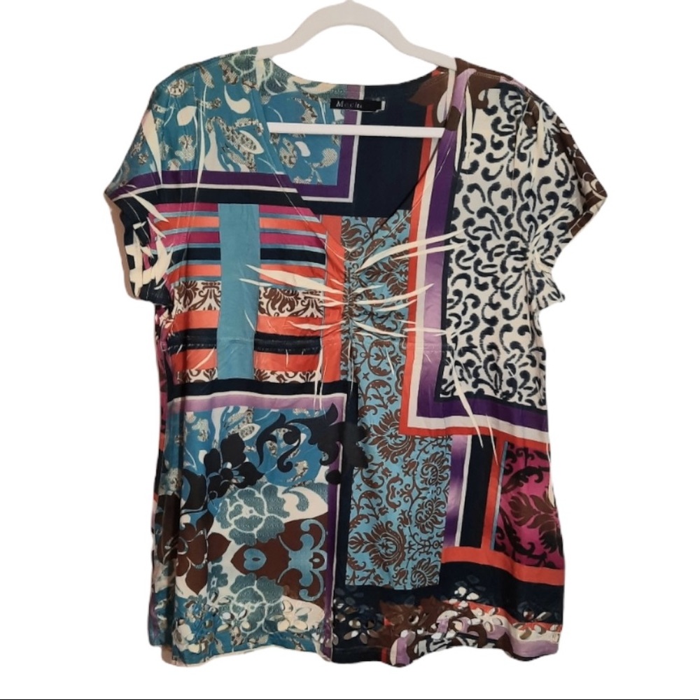 Mechant Women's Size XL Abstract Printed Top Blouse Perforated Detail Hem